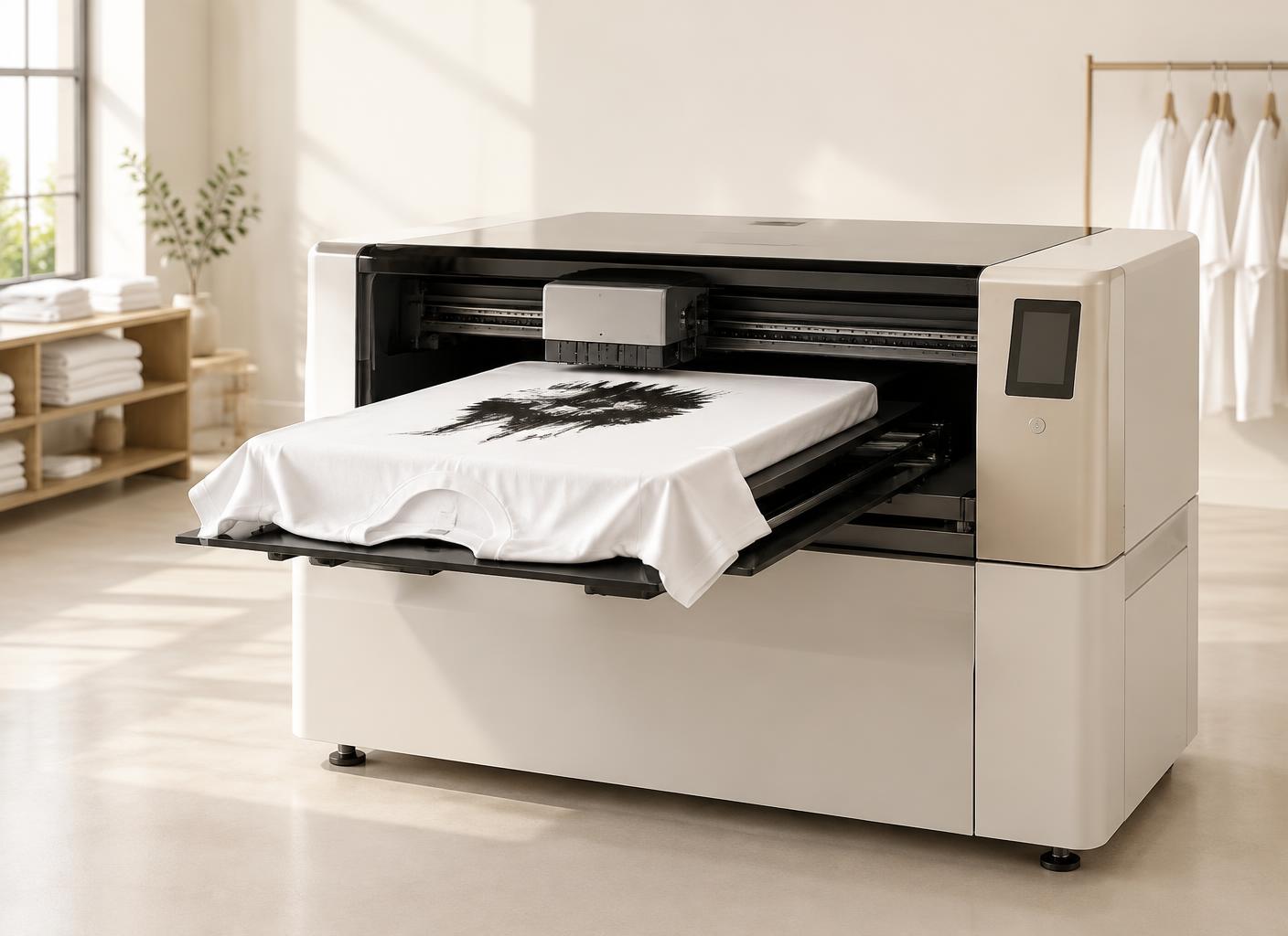 Moderne Druckmaschine druckt ein Shirt